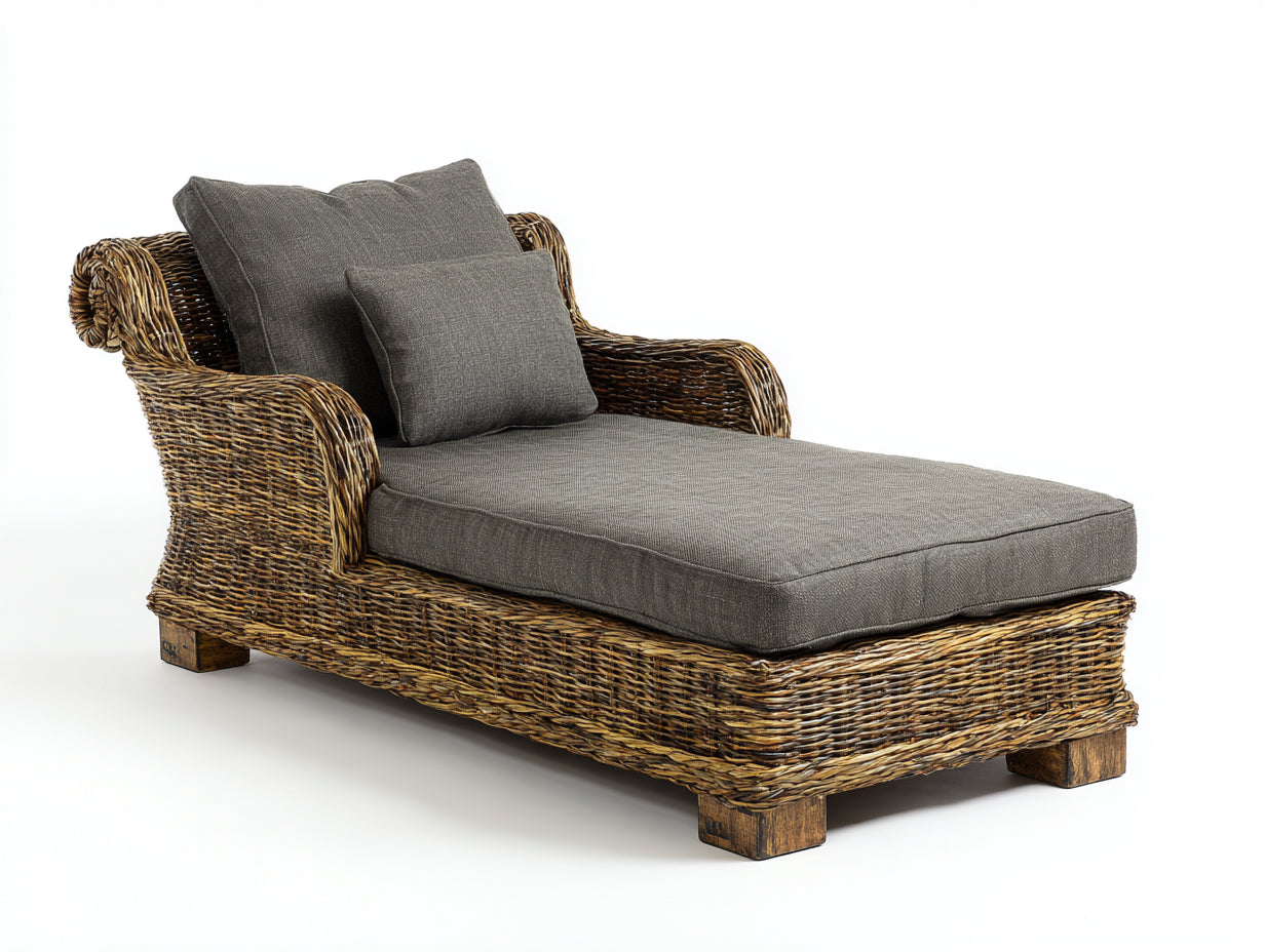 Tumbona de ratán sintético 190 x 80 x 92 cm - Marrón y gris oscuro - Respaldo inclinado con reposabrazos