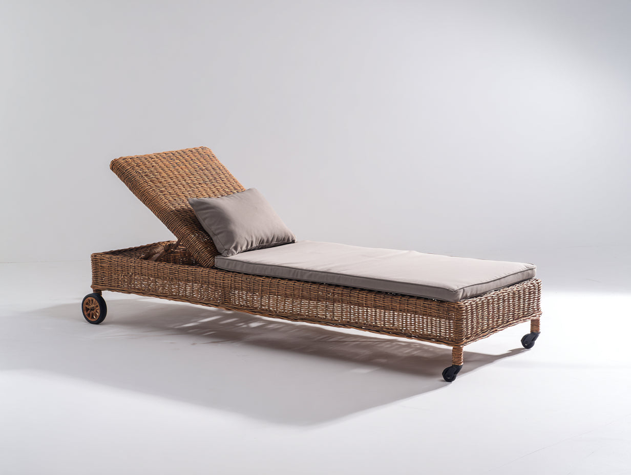 Tumbonas de ratán sintético 203x73x94 cm - Marrón-Gris - Respaldo reclinable con ruedas y superficie acolchada para jardín y terraza
