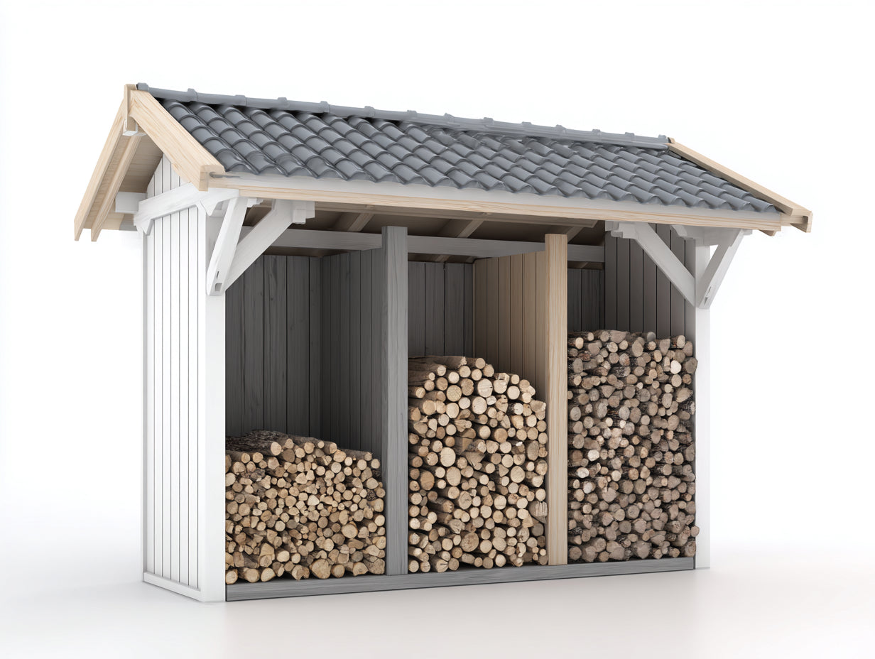 Leñero de jardín de madera 240 x 95 x 210 cm - Blanco-Gris-Madera natural - 3 compartimentos con tejado a dos aguas