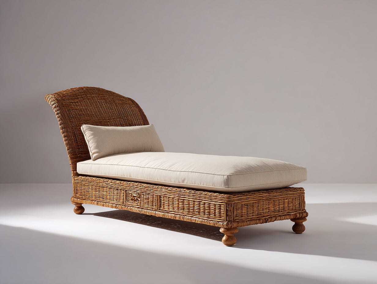 Tumbona de jardín de ratán 195x75x90 cm - Marrón y crema - Respaldo alto curvado con patas torneadas