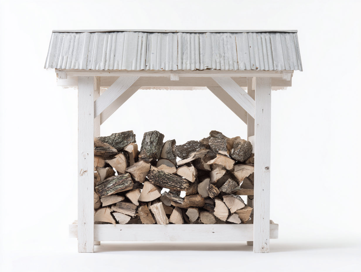 Leñero de jardín de madera 120x70x170 cm - Blanco y gris - Techo inclinado de chapa ondulada