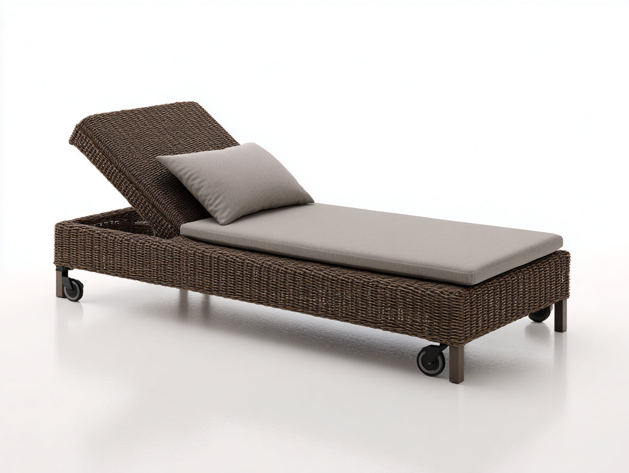 Tumbona de jardín de ratán sintético con cojín 200 x 70 x 65 cm - Color marrón y gris - Diseño ajustable para exterior