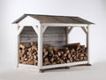 Leñero de jardín de madera 220 x 90 x 190 cm - Blanco envejecido gris y marrón - Tejado inclinado y estructura ventilada