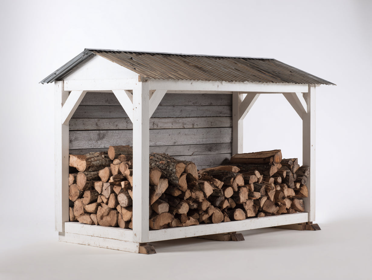 Leñero de jardín de madera 220 x 90 x 190 cm - Blanco envejecido gris y marrón - Tejado inclinado y estructura ventilada