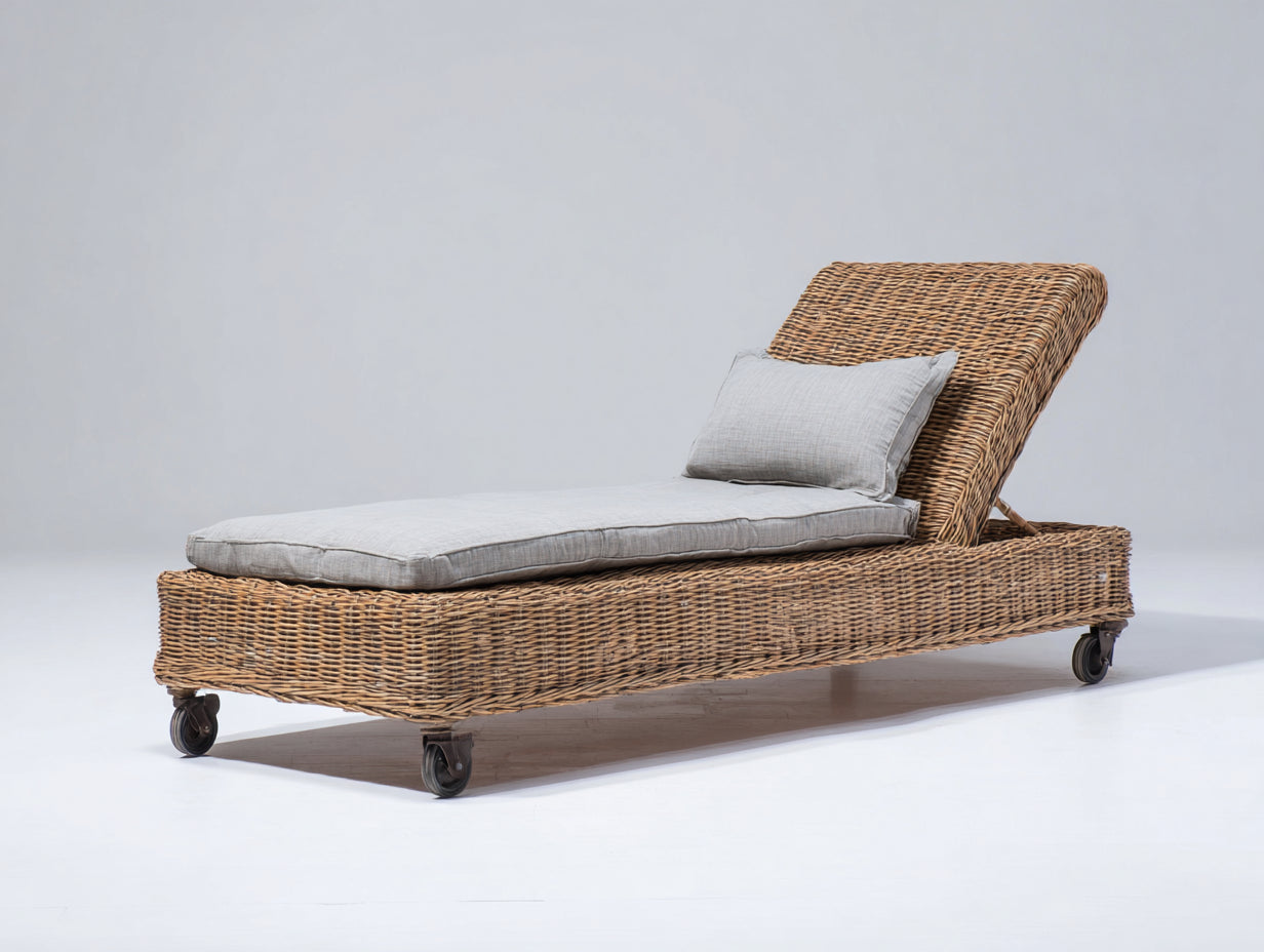 Tumbonas de ratán sintético 200x72x96 cm - Marrón-Gris - Respaldo reclinable con ruedas y superficie acolchada para jardín y terraza