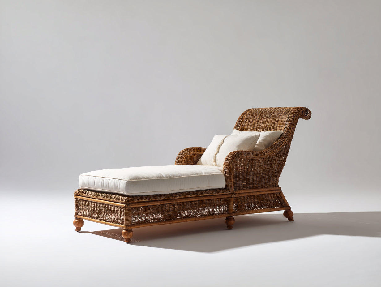 Tumbona de ratán sintético 190 x 78 x 100 cm - Marrón y beige - Respaldo curvado con reposabrazos
