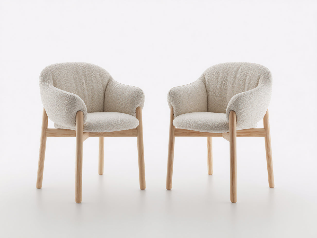 Silla de comedor tapizada 58 x 60 x 82 cm - Beige y madera natural - Juego de 2 con reposabrazos envolventes