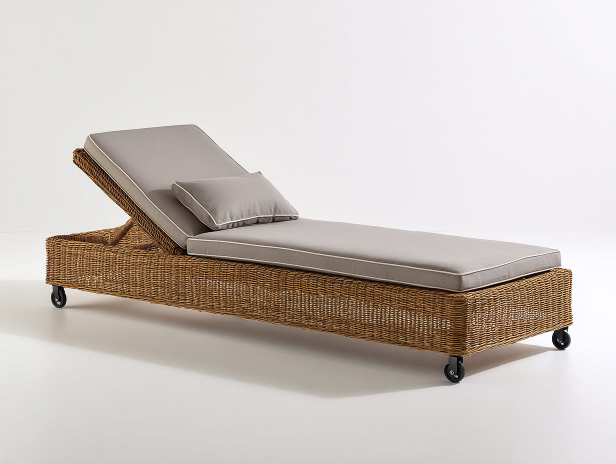 Tumbona de jardín de ratán 200x70x40 cm - Marrón y gris topo - Respaldo reclinable con ruedas