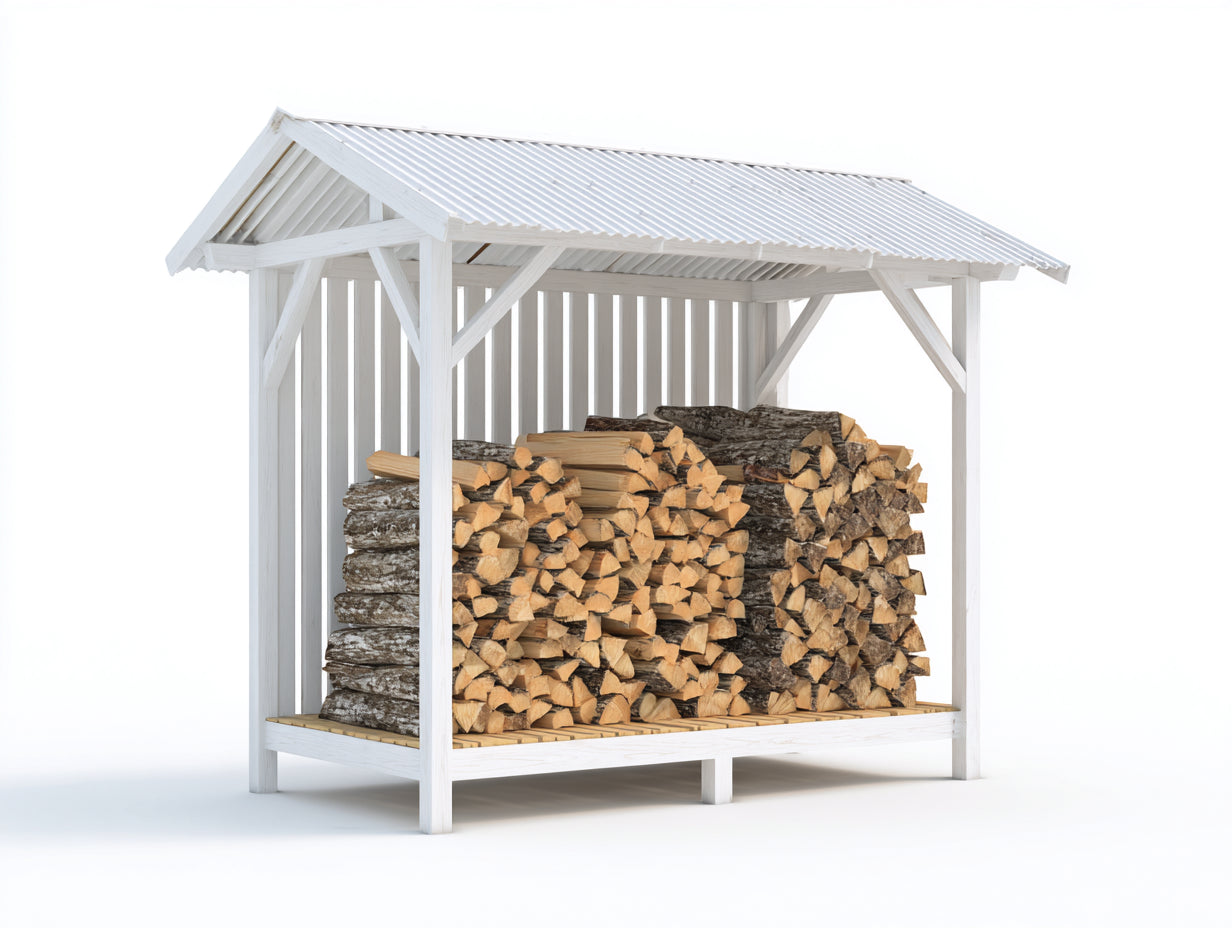 Leñero de jardín de madera 200 x 90 x 210 cm - Blanco - Estructura abierta con tejado a dos aguas y base elevada