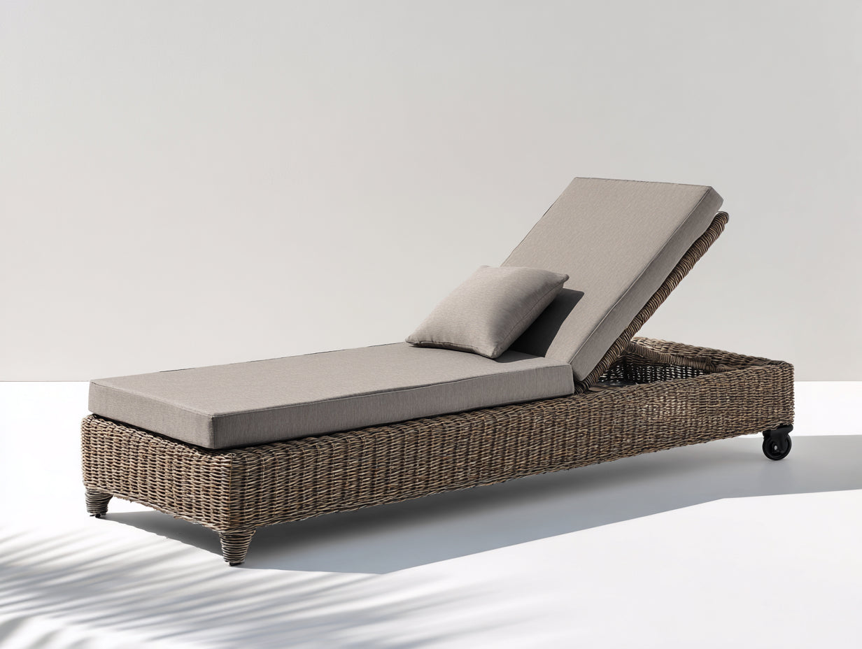 Tumbona de jardín de ratán 200x72x42 cm - Marrón topo y gris - Respaldo reclinable con ruedas