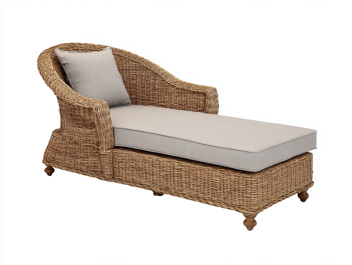 Tumbona de jardín de ratán 190x78x88 cm - Marrón natural y beige claro - Respaldo curvado con reposabrazos integrados