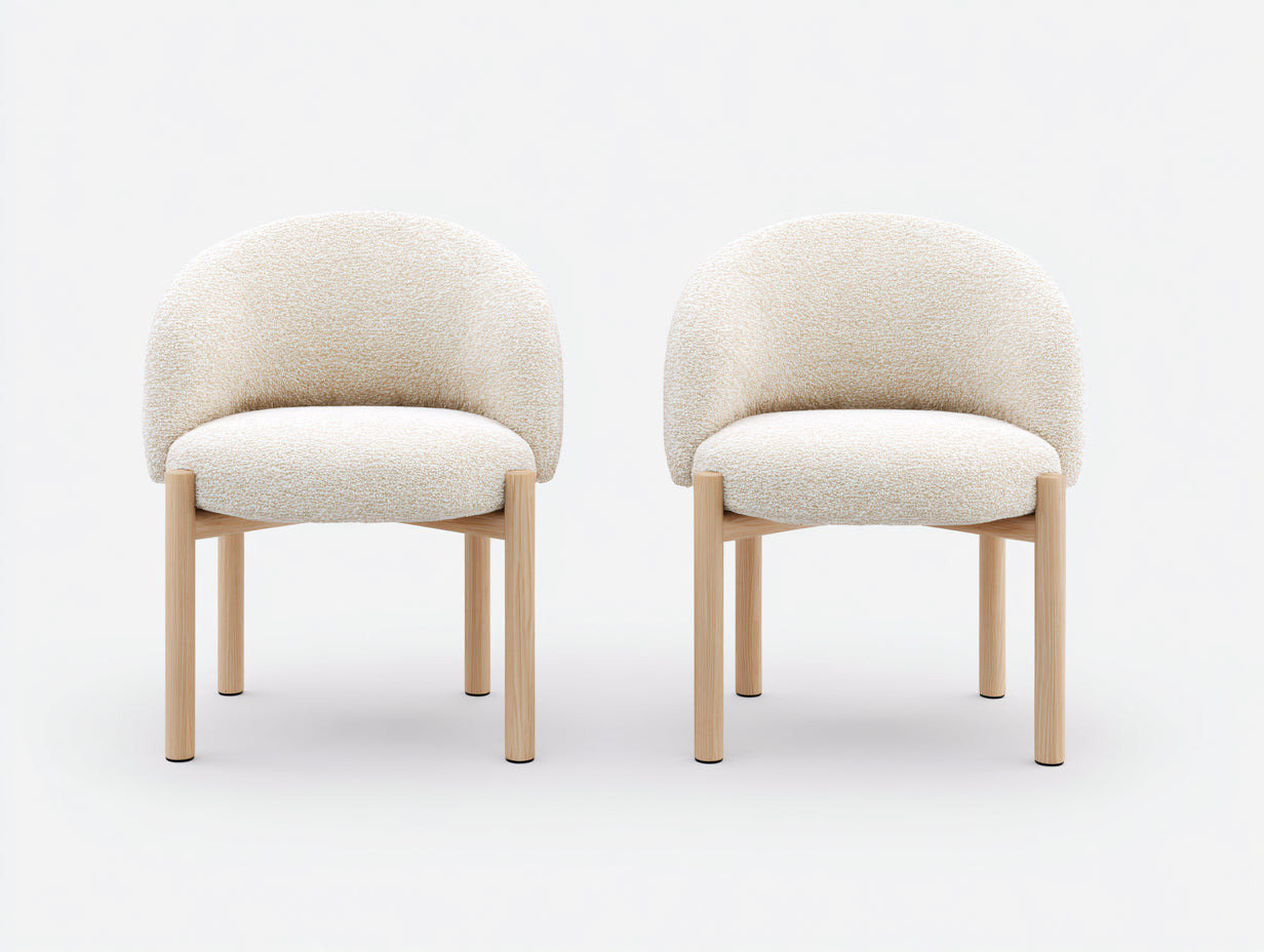 Silla de comedor tapizada 58 x 60 x 80 cm - Crema-Madera natural - Juego de 2 con respaldo envolvente y patas de madera