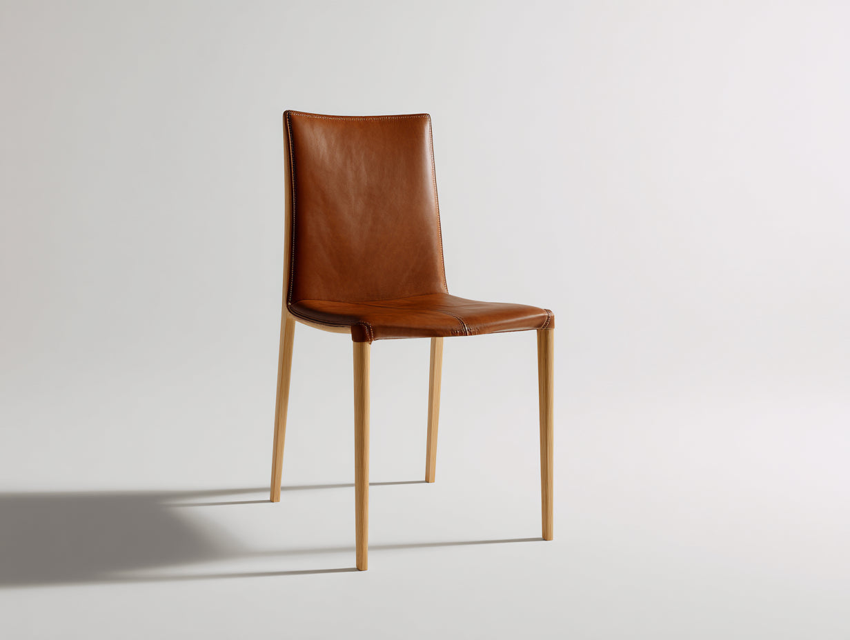 Silla de comedor tapizada 47 x 55 x 91 cm - Marrón y madera natural - Respaldo alto con patas estilizadas